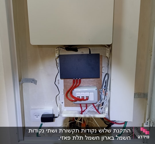 ארון תקשורת עם כבלים ומתגים חשמליים